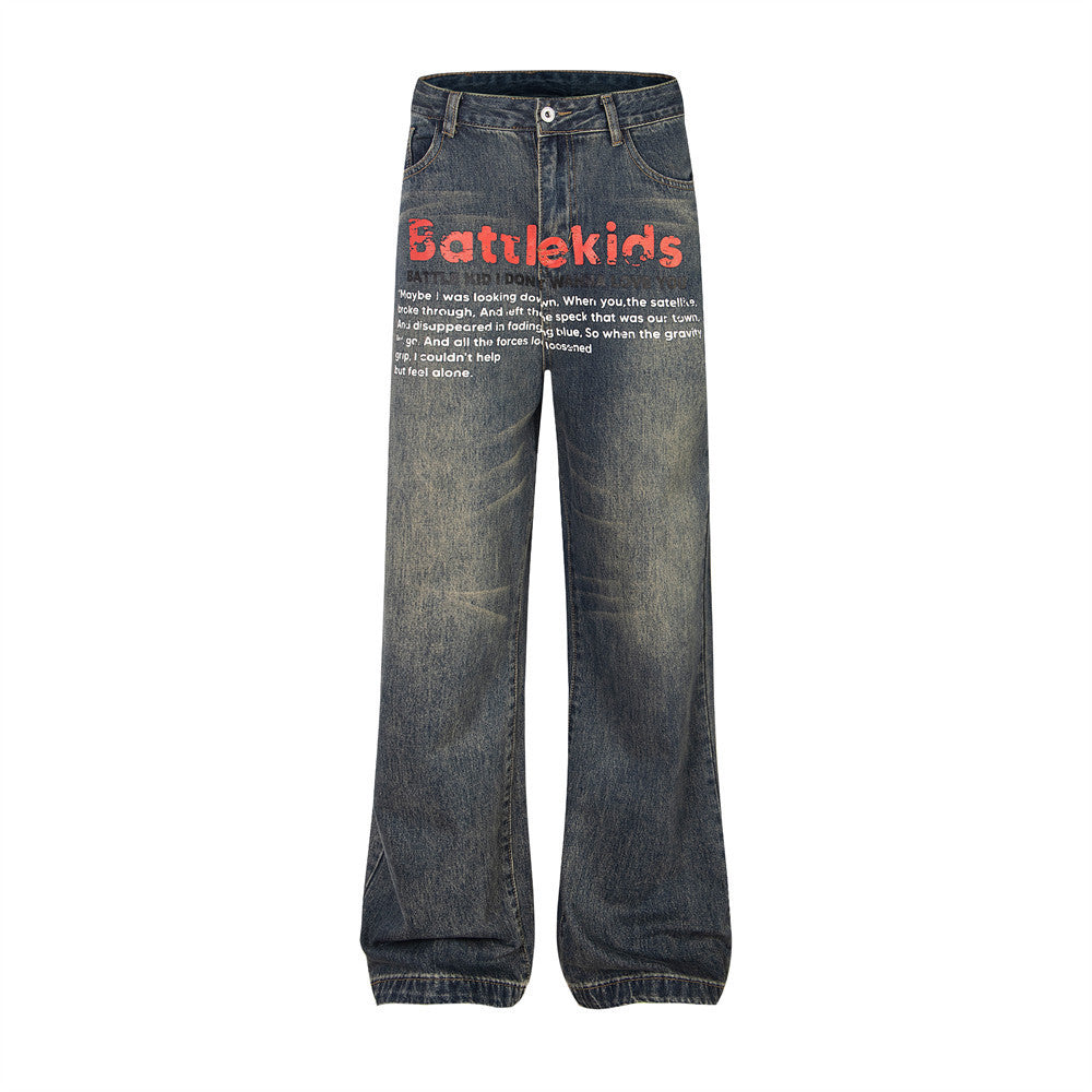 European And American Letter Printing Loose Denim Trousers