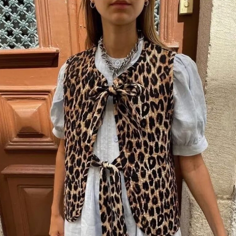 Women's European And American Style Leopard Print Vest Leopard Quilted Vest Sleeveless Tie Front Shirts Vest Cardigan Trendy Streetwear