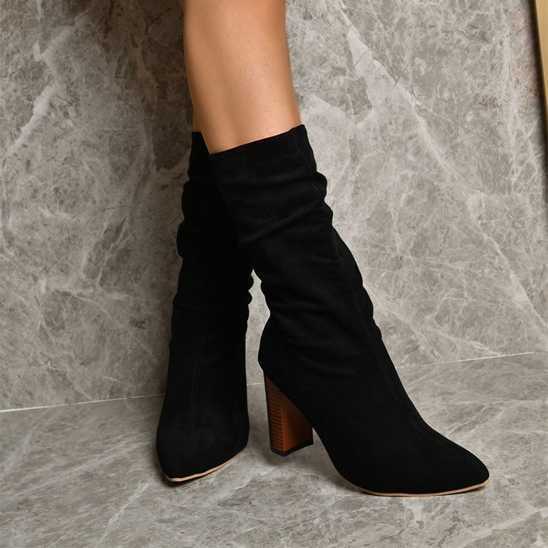 Pointed Toe High Block Heels Boots