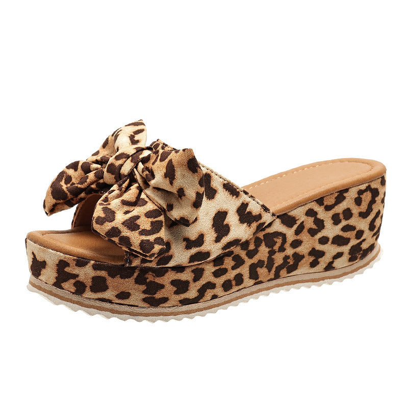 Bow Leopard Print Wedge Slippers