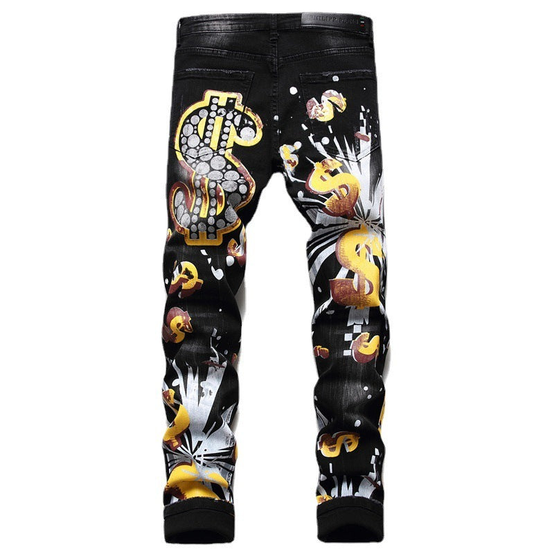 Slim Nightclub Trendy Personality Pattern Denim Trousers