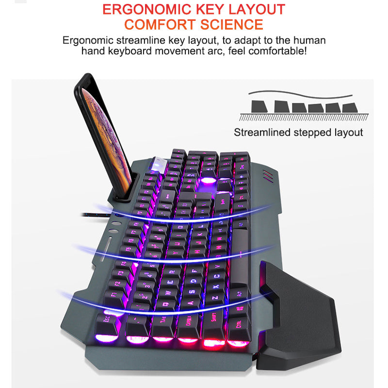 Ergonomisch bedraad gamingtoetsenbord met RGB-achtergrondverlichting voor telefoonhouder