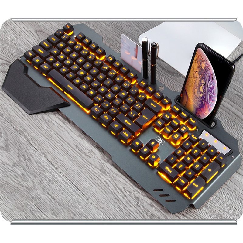 Ergonomisch bedraad gamingtoetsenbord met RGB-achtergrondverlichting voor telefoonhouder