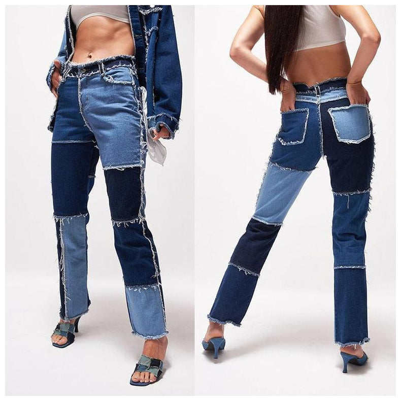 High Elastic Stitching Raw Edge Women's Straight-leg Jeans