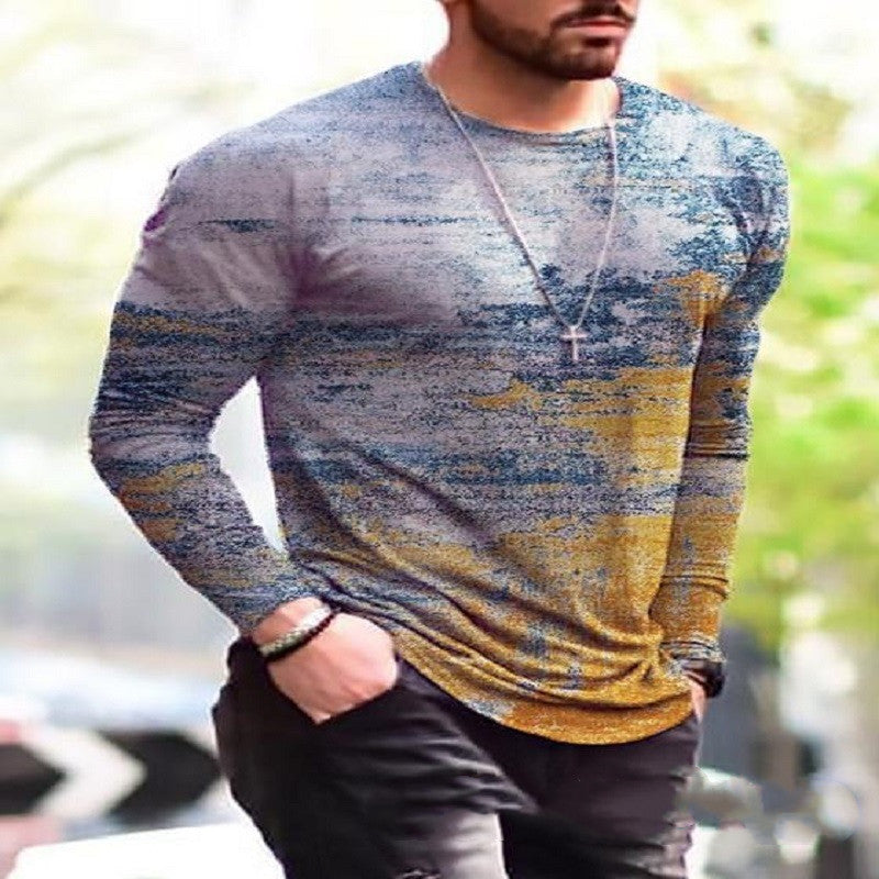 Men's New Round Neck Casual Printing Long Sleeved T Shirt