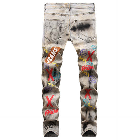 Heren Tie and Dye Letters 3D Geprinte Jeans Fashion Holes Ripped Stretch Denim Broeken Slim Rechte Broeken