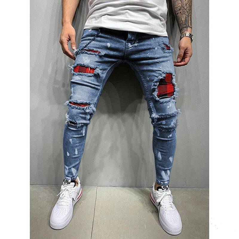 Ripped Patch Fashion Slim-fit Point Paint Stretch Small Feet Men's Jeans