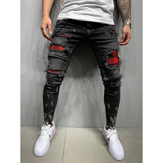 Ripped Patch Fashion Slim-fit Point Paint Stretch Small Feet Herenjeans