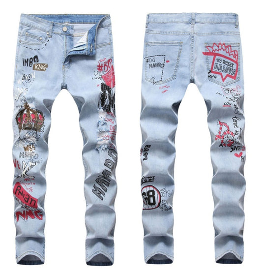 High Street Hip-Hop gescheurde print stretch jeans