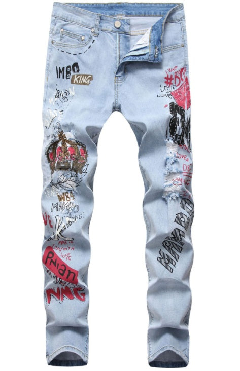 High Street Hip-Hop gescheurde print stretch jeans