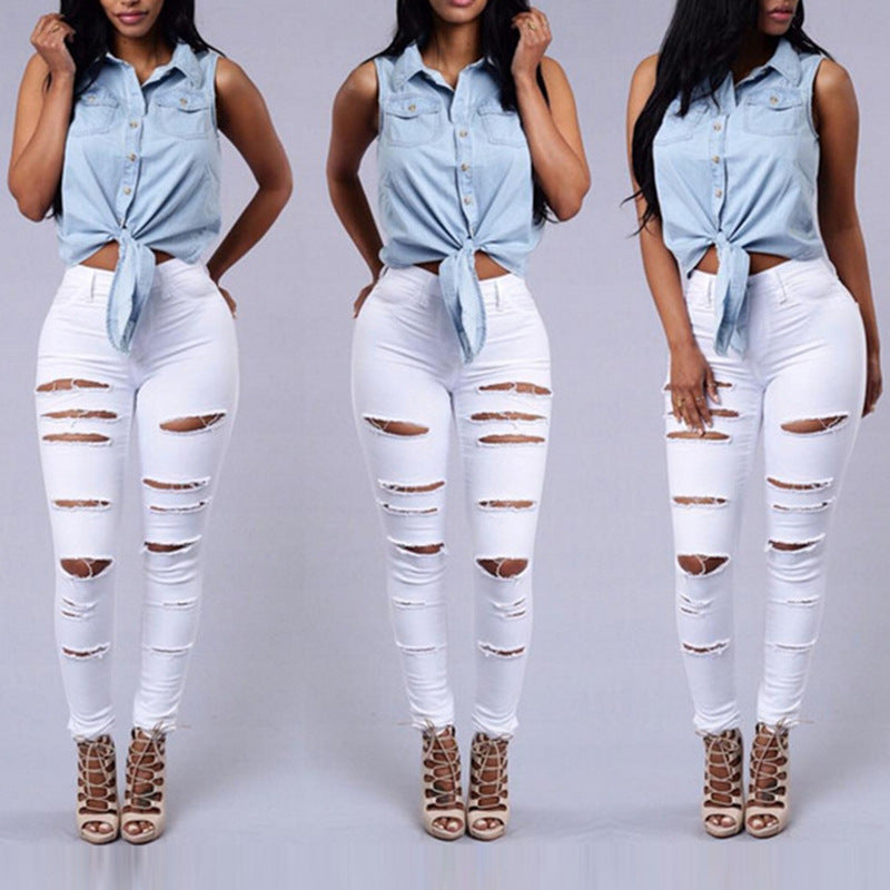 High Quality Women Casual Hole Jeans High Waist Skinny Pant Pencil Jeans Ripped Sexy Female Girls Trousers Denim Jeans