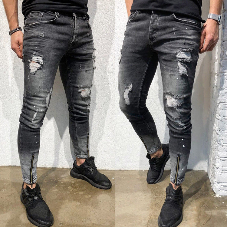 European And American New Fashion Ripped Youth Jeans With Zipper Elastic Feet