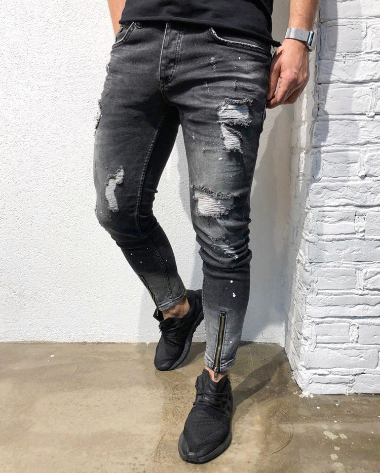 European And American New Fashion Ripped Youth Jeans With Zipper Elastic Feet