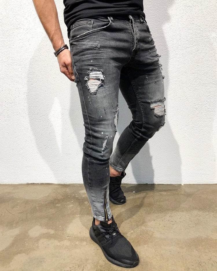 European And American New Fashion Ripped Youth Jeans With Zipper Elastic Feet