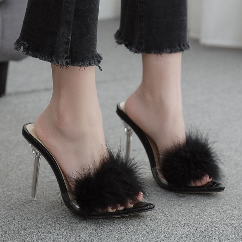 Transparent Crystal Feather Fur  High Heels