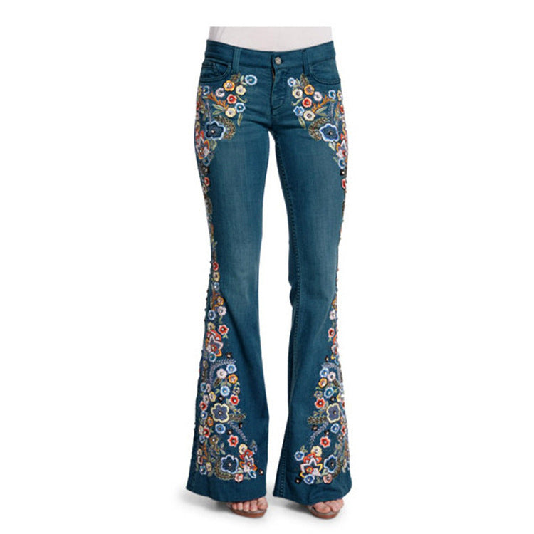 Embroidered Slim Slimming Washed Flared Pants