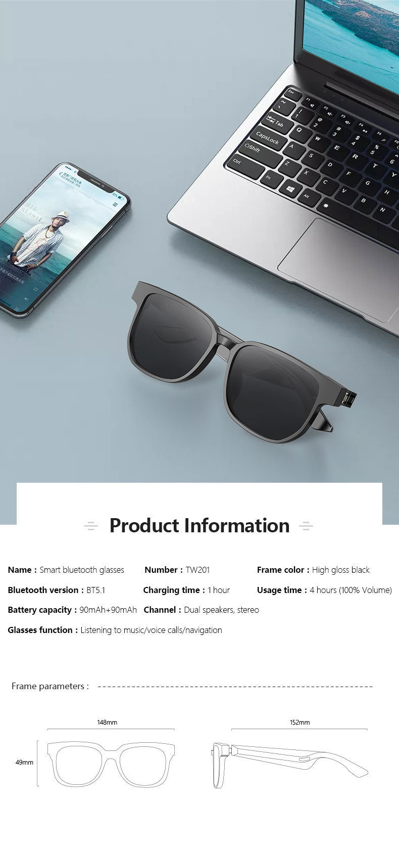 Smart Bluetooth Glasses Call Music Outdoor