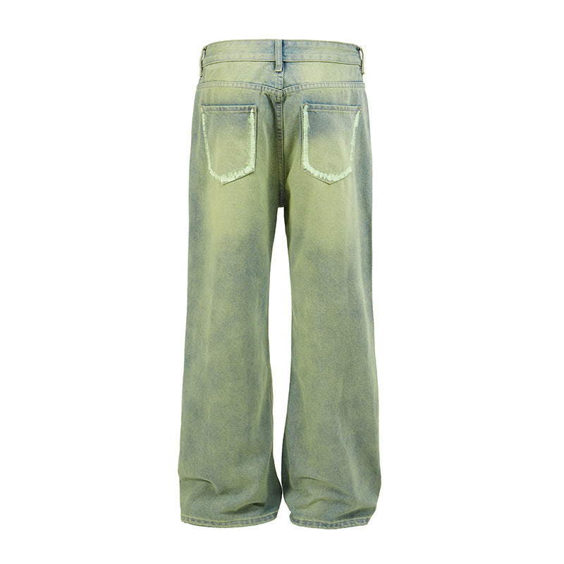 Yellow Mud Dyed Old Green Wide-leg Jeans