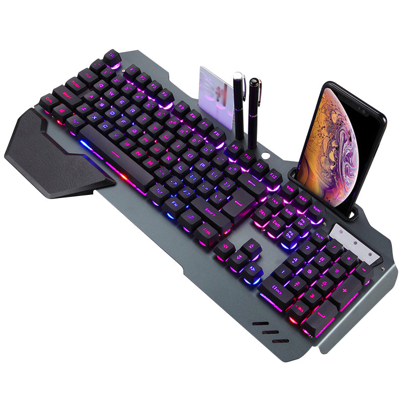 Ergonomisch bedraad gamingtoetsenbord met RGB-achtergrondverlichting voor telefoonhouder