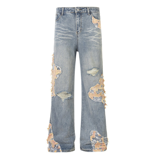 Losse denim broek met kantpatchworkstiksels