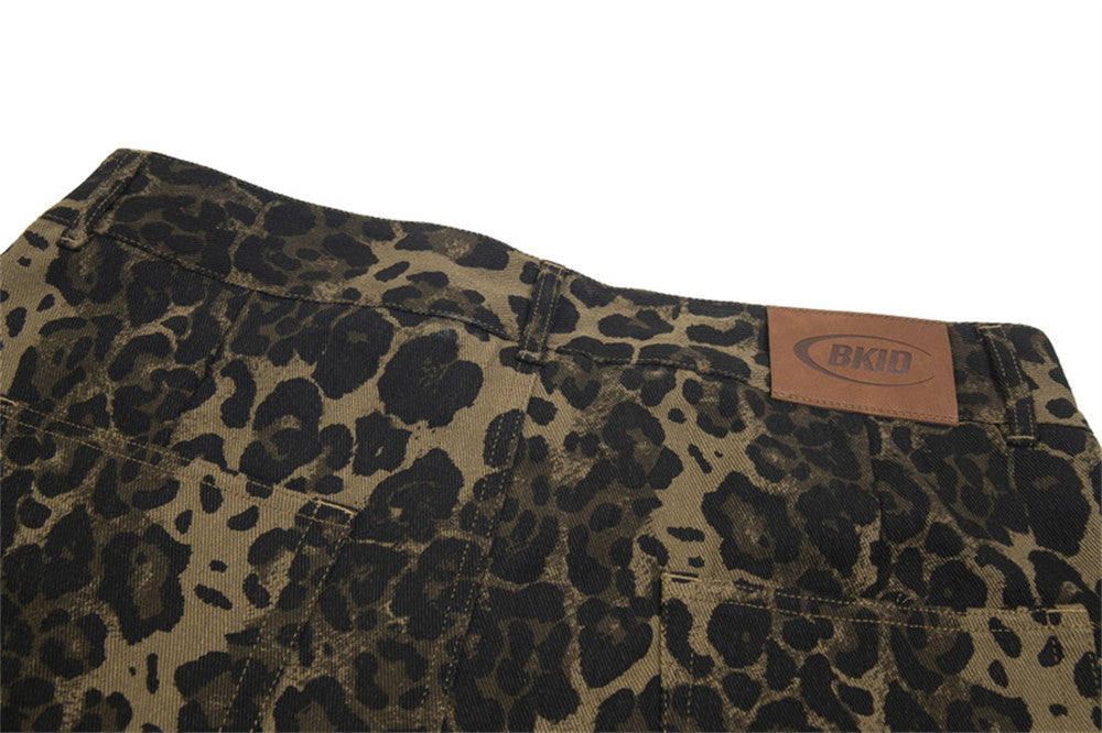 American High Street Retro Distressed Leopard Print Loose Jeans