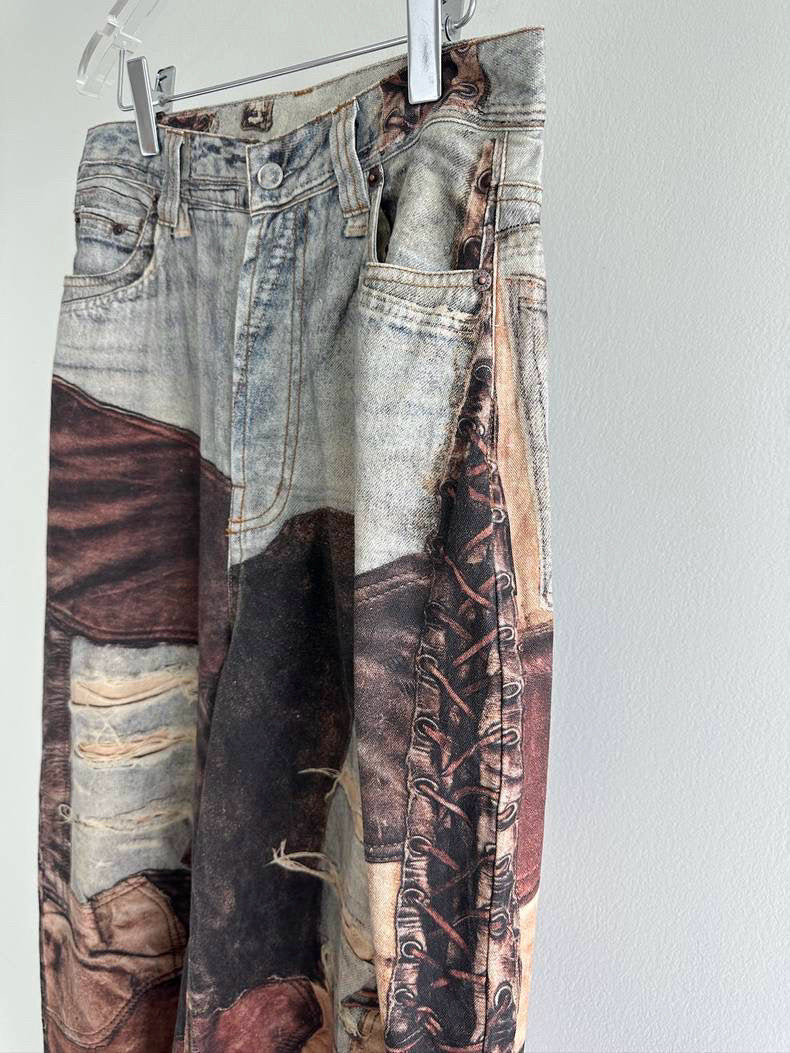 Vintage Mud Dyed Stitching Printing Ripped Canvas Denim Wide Leg