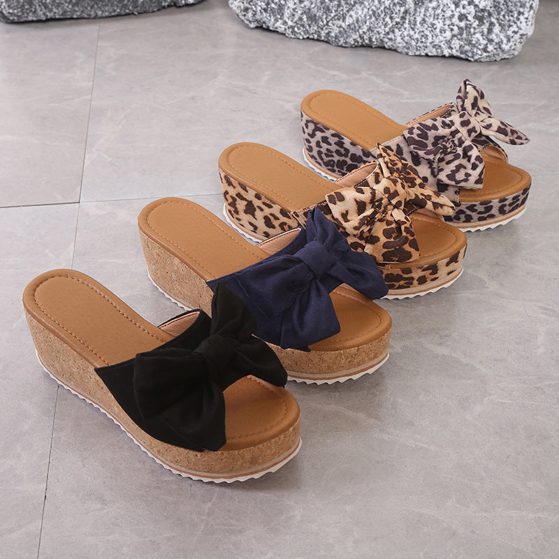 Bow Leopard Print Wedge Slippers