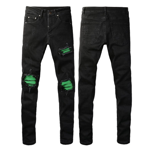 American Street Washing Process Green Patch Jeans