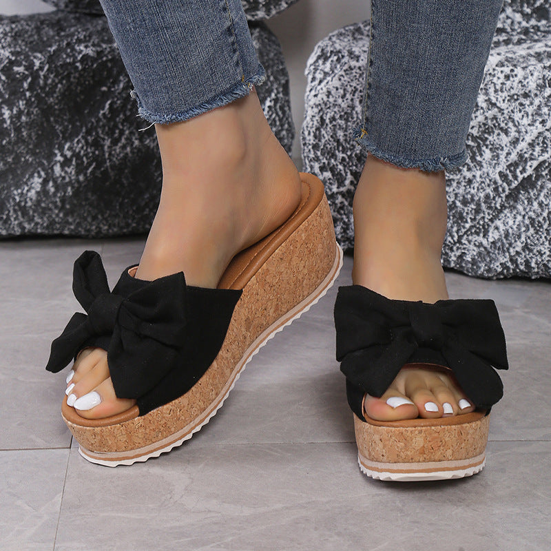 Bow Leopard Print Wedge Slippers