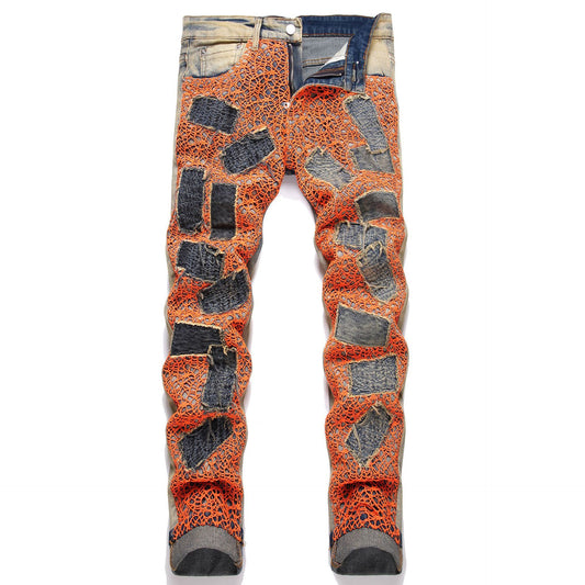 New Orange Letter Embroidered Jeans