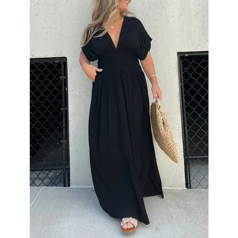 Bat-sleeved V-neck Slit Dress