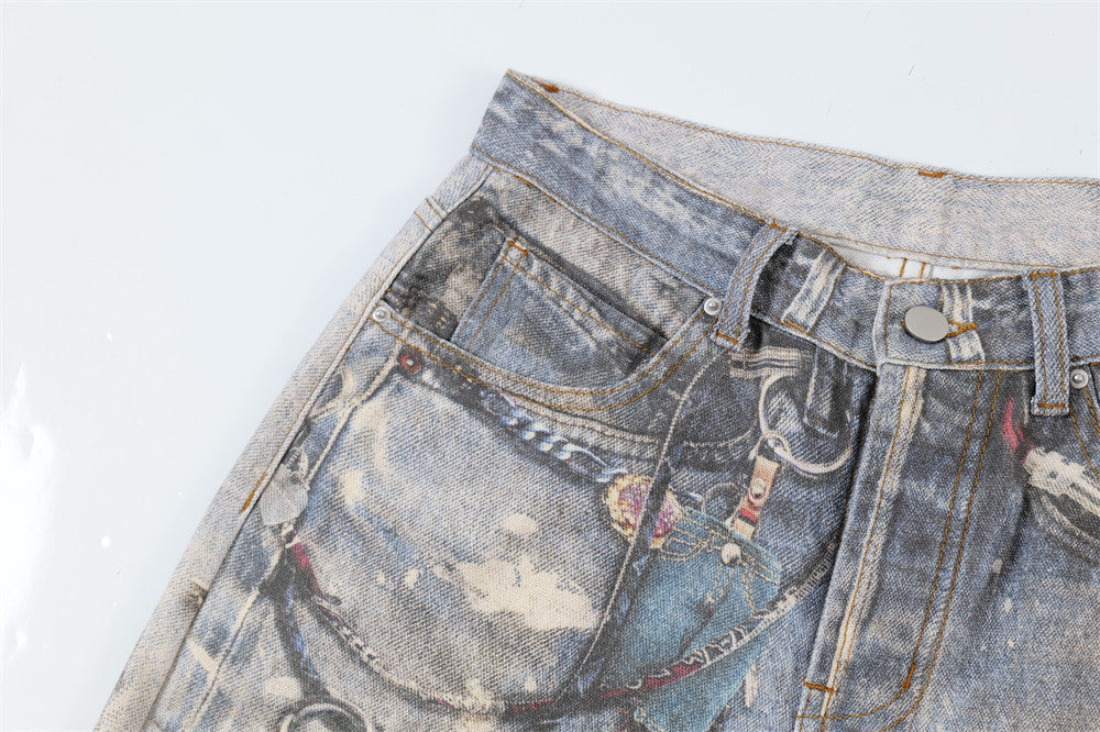 Retro 3D Digital Printed Jeans