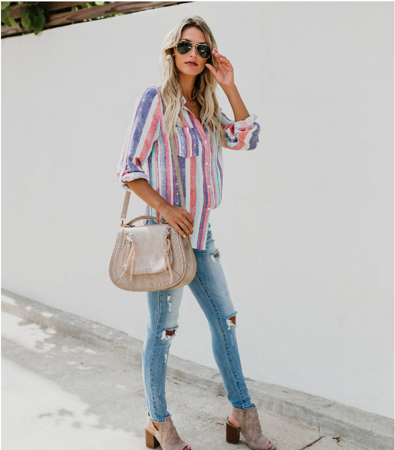 Color striped plus size shirt