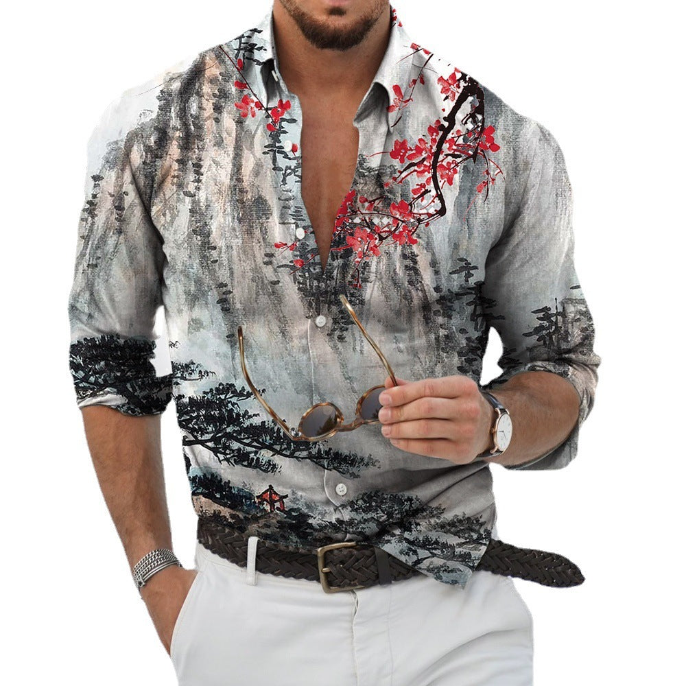 Spring And Autumn Independent Station Hot Selling Hawaiian Landscape Ink Painting Men's Street Casual Long-sleeved Shirt