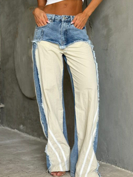 Low Waist Contrast Color Black Panel Wide-leg Jeans