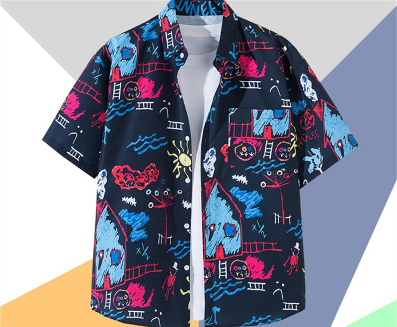 Short Sleeve Printed Shirt Men's Retro Top