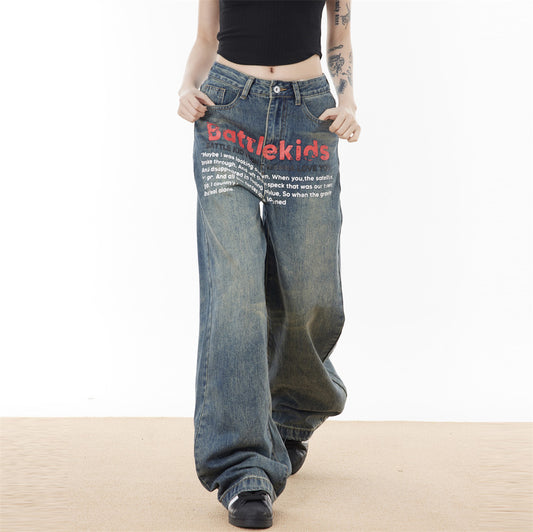 European And American Letter Printing Loose Denim Trousers