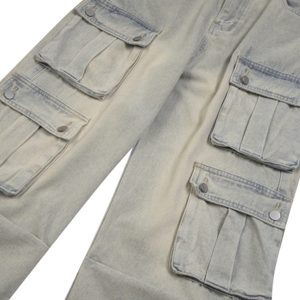 Men's And Women's Multi-pocket Washed And Worn Worn Loose Straight-leg Wide-leg Pants