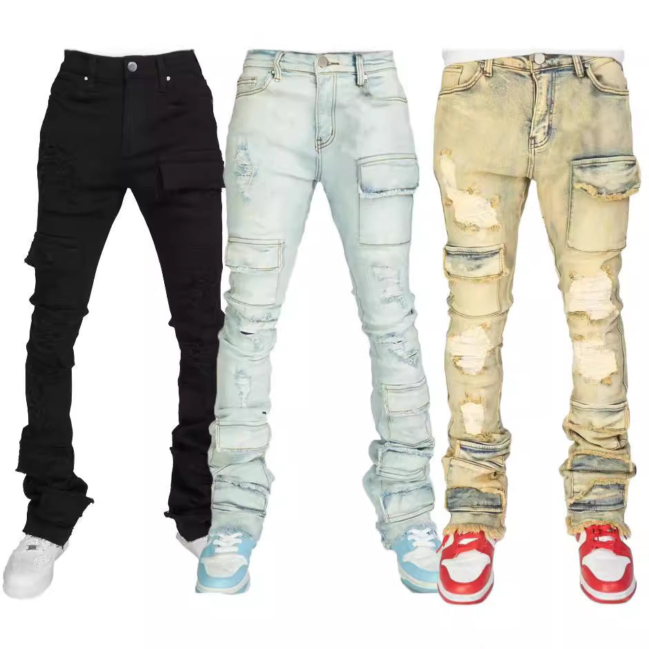 Stretch Ripped Laminated Micro-pull Pants