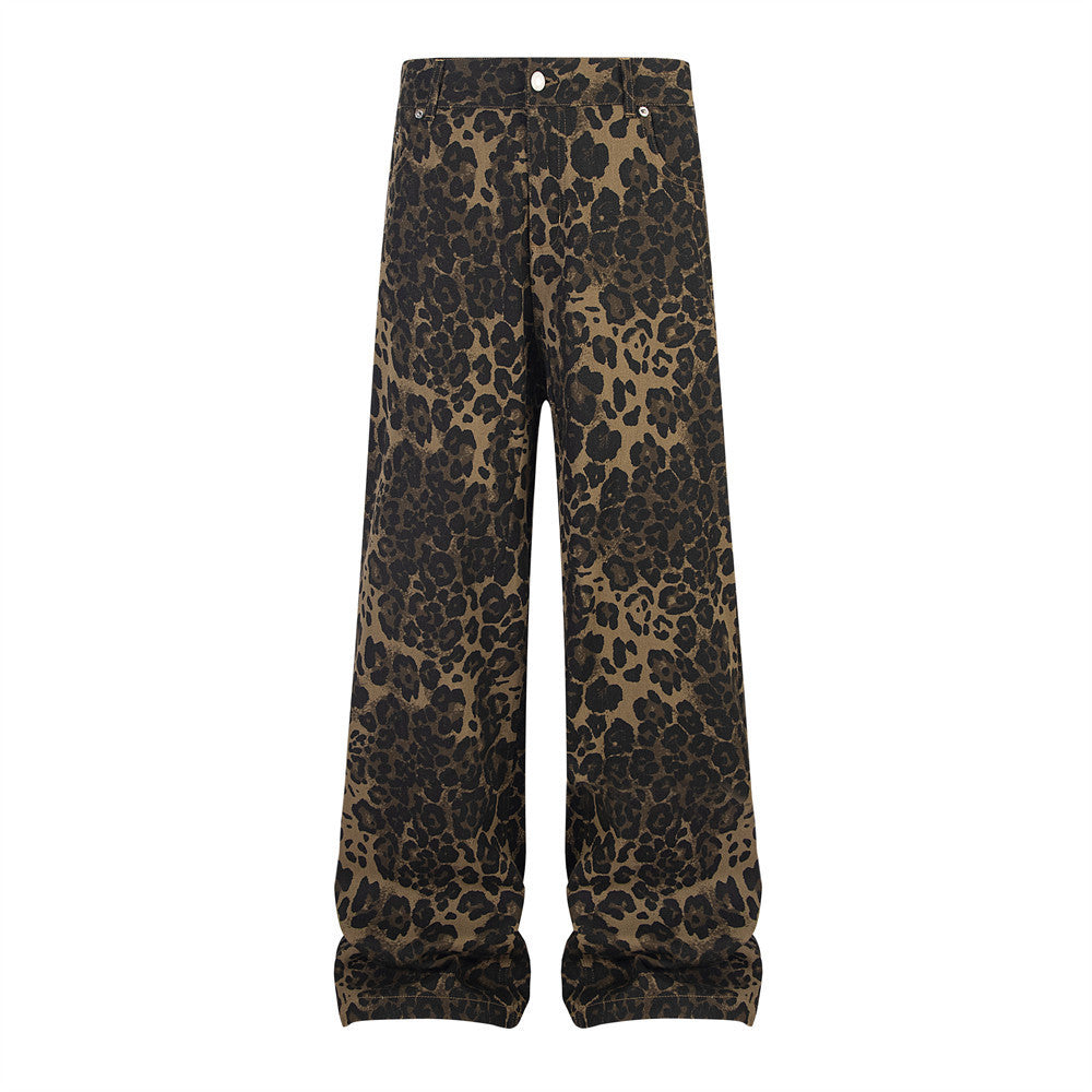 American High Street Retro Distressed Leopard Print Loose Jeans