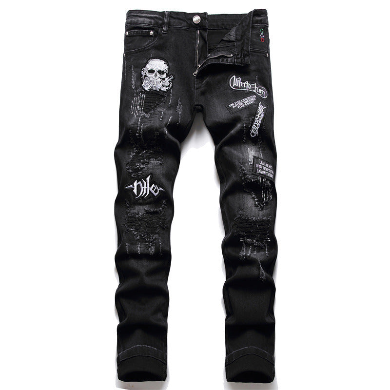 Black Slim-fit Skull Ripped Jeans