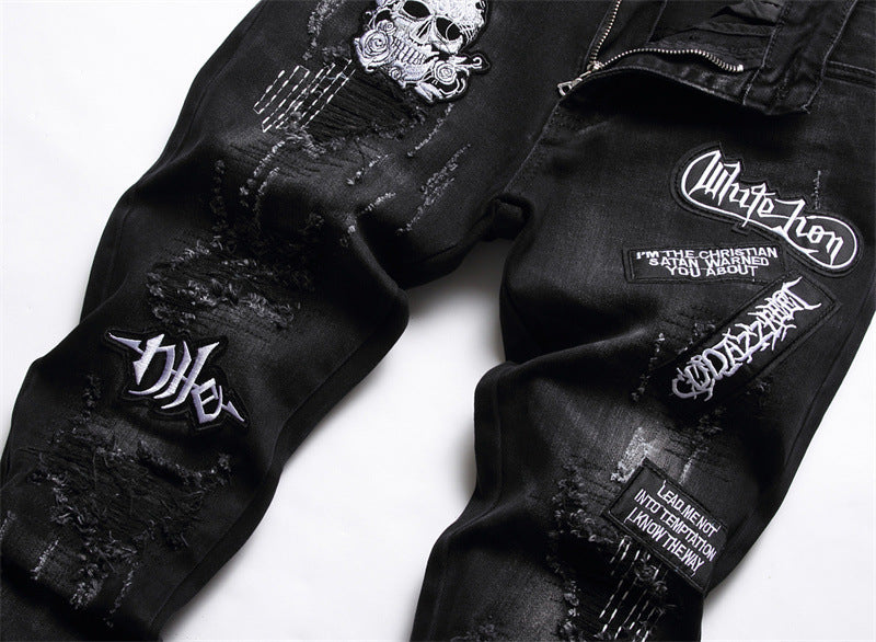 Black Slim-fit Skull Ripped Jeans