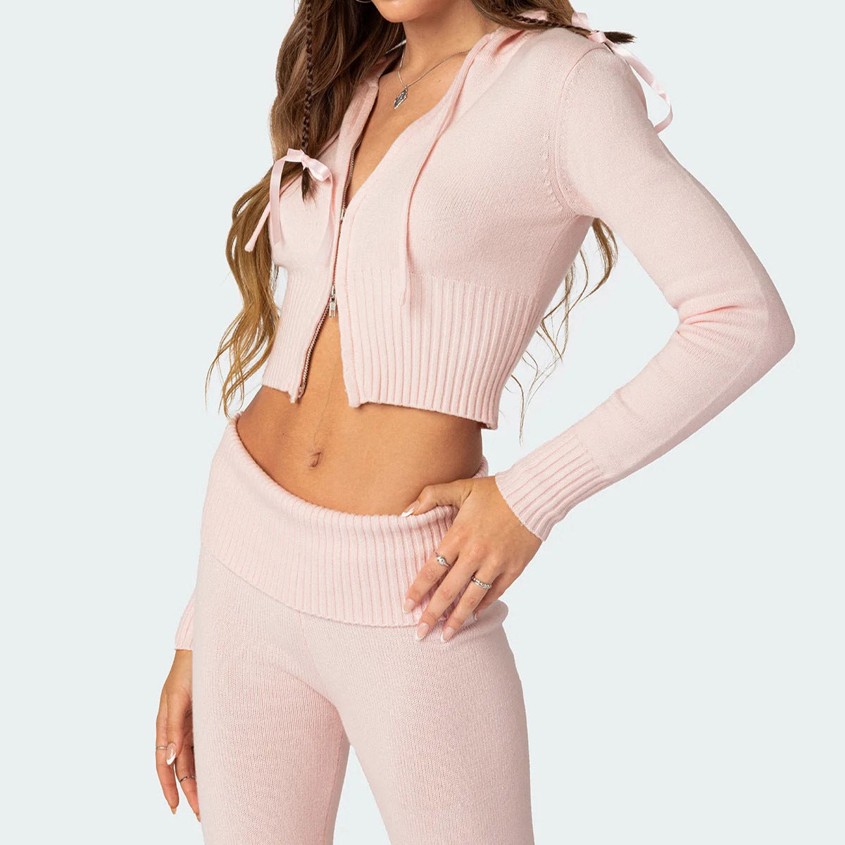 Fashion Knitted Hooded Suit Long Sleeve Zipper Cropped Top And Slim Flared Pants Trousers Solid Outfits Women's Clothing