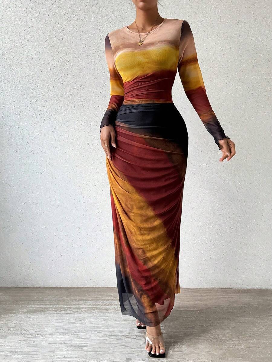 Tie-dyed Long Sleeve Slim Fit Hot Girl Long Dress Women