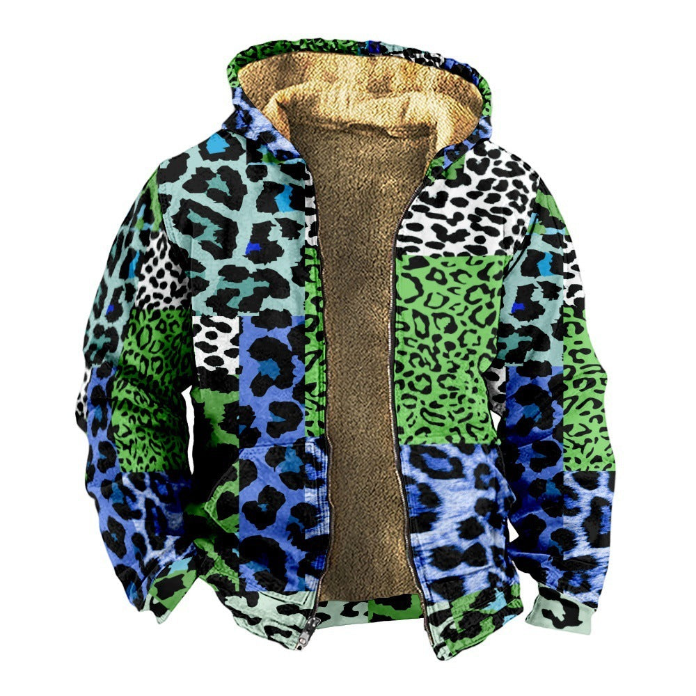 Retro Coconut Tree Element 3D Digital Printing Casual Loose-fitting Hoodie Zipped Cotton-padded Jacket Coat