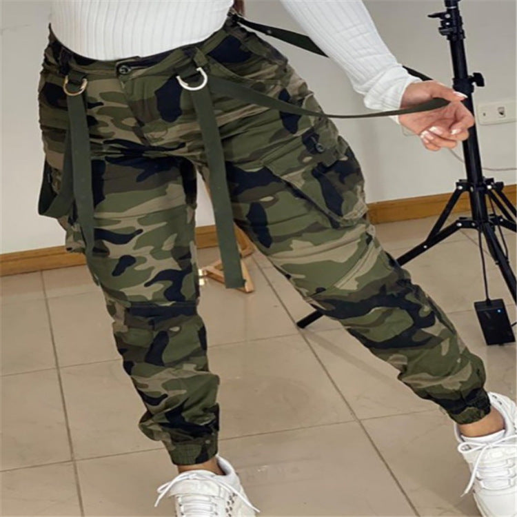 Nouveau pantalon crayon à sangles de camouflage