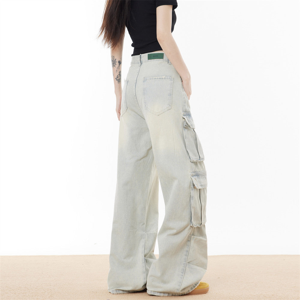 Men's And Women's Multi-pocket Washed And Worn Worn Loose Straight-leg Wide-leg Pants