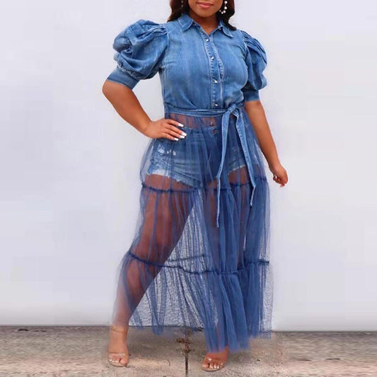 Plus Size Cardigan Dress Denim Stitching