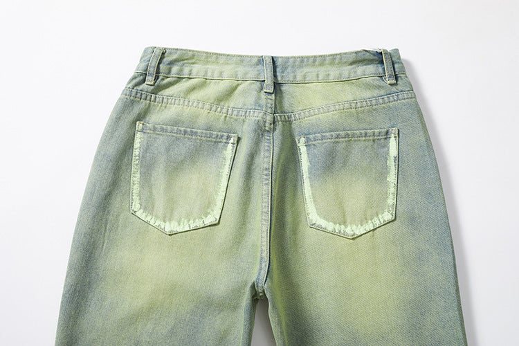 Yellow Mud Dyed Old Green Wide-leg Jeans