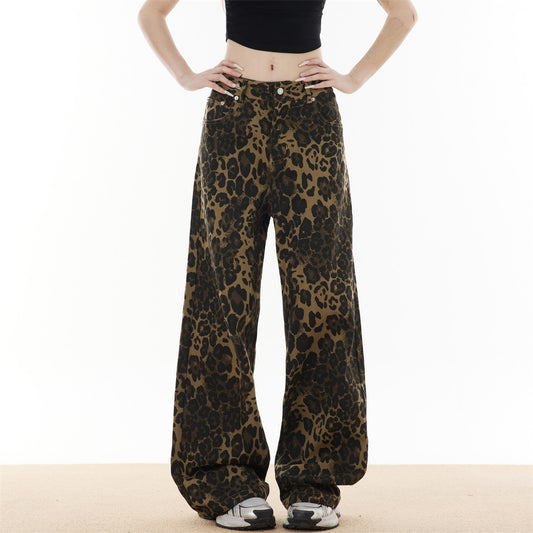 American High Street Retro Distressed Leopard Print Loose Jeans